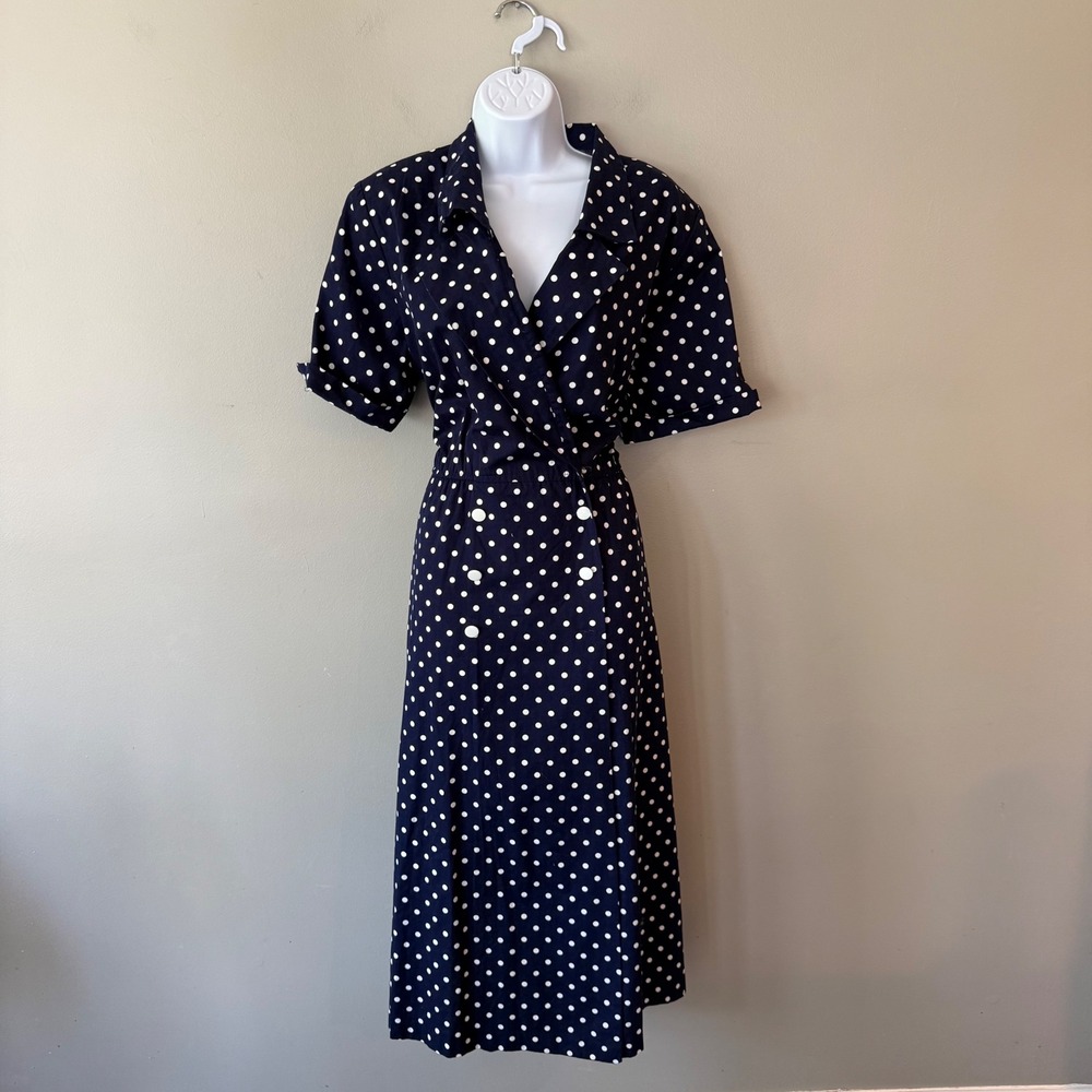 Lanz Originals Vintage Polka Dot Midi Dress Navy Cotton USA Lrg Pinup Trad Wife